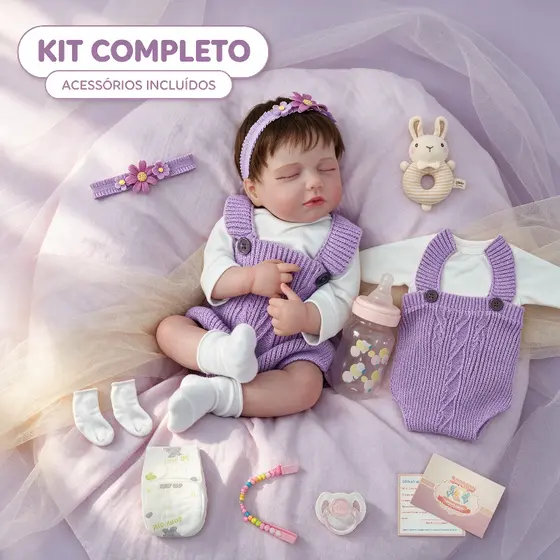 Boneca Bebê Reborn Silicone Realista 48cm Menina Olho fechado Pode dar Banho