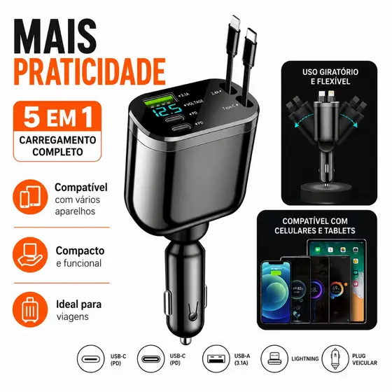 Adaptador de carregador veicular 5 em 1, compatível com carregamento rápido Type-C para Lightning, cabo retrátil