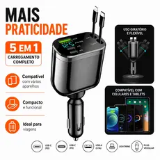 Adaptador de carregador veicular 5 em 1, compatível com carregamento rápido Type-C para Lightning, cabo retrátil