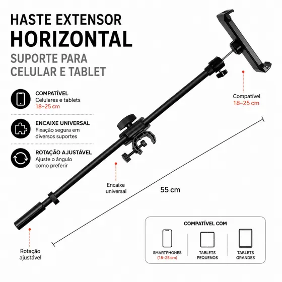 Suporte extensível de 55 cm adequado para celulares e tablets com altura entre 18 e 25 cm