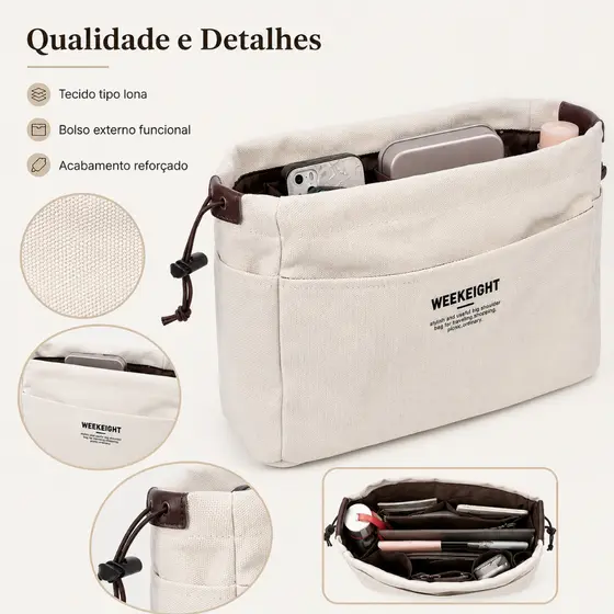 Bolsa organizadora de lona com cordão, divisórias e vários bolsos com forro