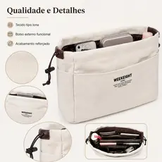 Bolsa organizadora de lona com cordão, divisórias e vários bolsos com forro