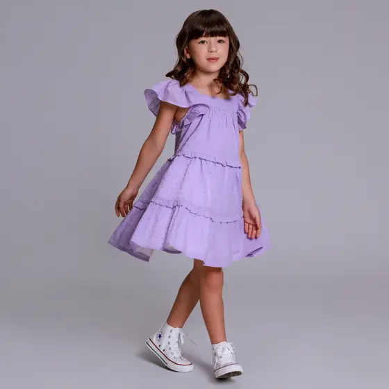 Roupa Infantil Menina Linho Verão Moda Vestido Lilás Criança Confortável Estilo Casual Passeio
