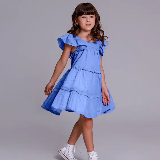 Roupa Infantil Menina Algodão Vestido Azul Verão Moda Feminina Casual Festa Confortável Criança