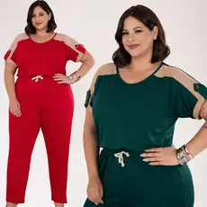 Conjunto Plus Size Feminino Longo Calça Pantalona Blusa Manga Curta Bicolor Confortável Casual Elegante