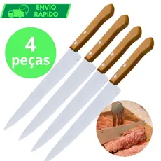 KIT 4 Faca De Cozinha Aço Inox Profissional Afiada Tamanho 5 Do Chef Cabo Madeira Ultra Resistente para Casa Açougue
