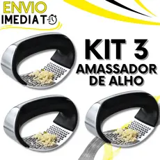 KIT 3 Triturador Amassador Espremedor de Alho Batata Cebola Aço Inox Manual Multiuso Super Resistente para Casa Cozinha