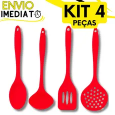 KIT Jogo 4 Utensílios de Cozinha Casa Silicone Super Resistente Colher Concha Escumadeira  Não Risca a Panela MINI