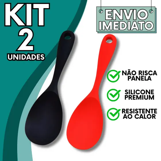 KIT Jogo 2 Colher de Servir Utensílio de Cozinha em Silicone Super Resistente Com Alça Não Risca Panela para Casa