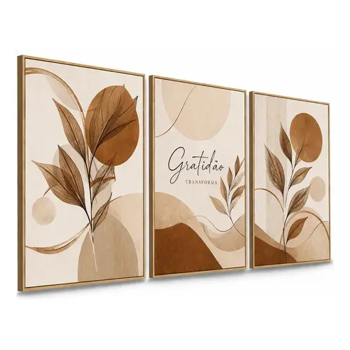 Quadros Decorativos Folhas Abstratas Gratidão 3 Peças