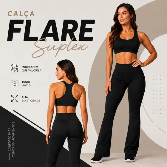 Calça Legging Flare Feminina Preta Boca de Sino Suplex Confortável e Elegante