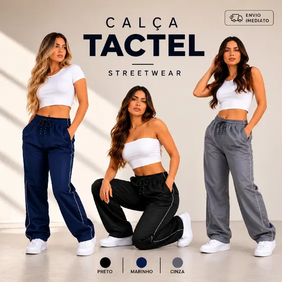Calça Feminina Tactel Premium Streetwear 3 Bolsos Cintura Alta Leve Confortável Casual Academia