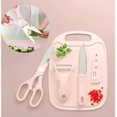 Kit de Utensílios de Cozinha 4 em 1 — Faca, Tesoura, Tábua e Descascador  Prático e Compacto