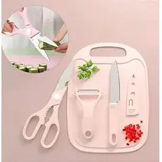 Kit de Utensílios de Cozinha 4 em 1 — Faca, Tesoura, Tábua e Descascador Prático e Compacto