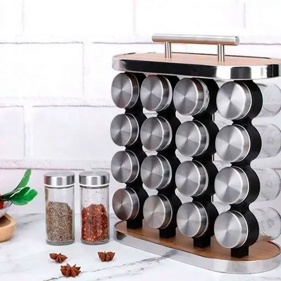 Suporte Temperos Giratório 16 Potes Vidro Tampa Inox Base Madeira Organizador Cozinha Gourmet
