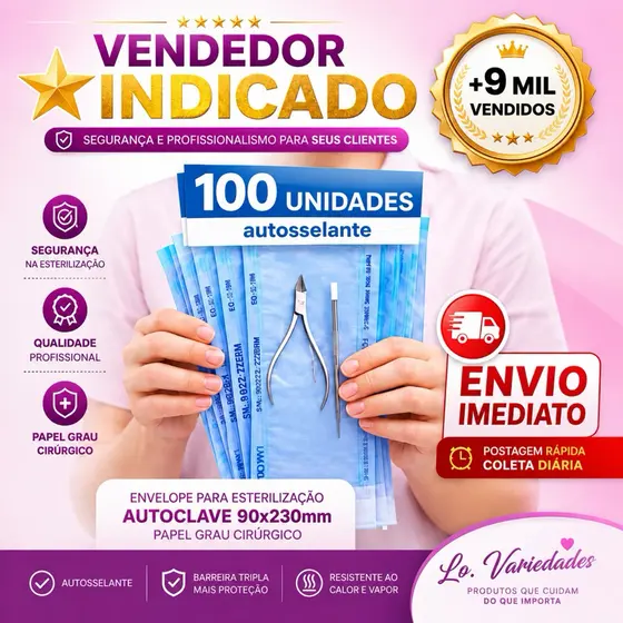 Envelope Esterilização para Autoclave 90x230mm, Auto selante, Papel Grau Cirúrgico 100 Un.