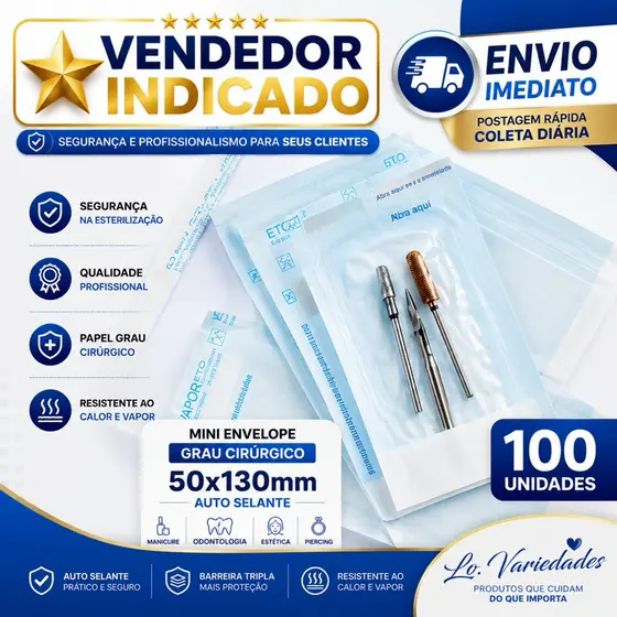 mini Envelope Grau Cirúrgico 50x130m 100 Unidades Auto selante Autoclave Manicure Odontologia estética e Piercing
