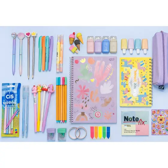 Kit Papelaria Criativa Fofa Kawaii Caderno Universitário Material Escolar Canetas Cores Pastel Planner 2026 Volta Aulas