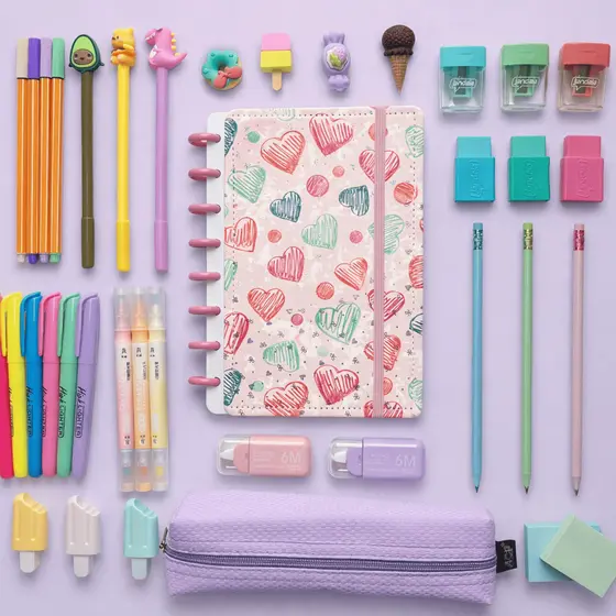 Kit Papelaria Caderno de Disco Inteligente Tons Pastel Kawaii Fofo Caneta Marca Texto Presente Volta as Aulas 2026