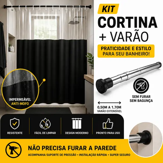 Cortina Box Banheiro PVC Visor Transparente Anti Mofo Impermeável Fácil de Limpar + Suporte Sem Furo