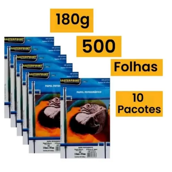 Papel Fotográfico A4 Glossy Brilho 180g 500 Folhas Masterprint.
