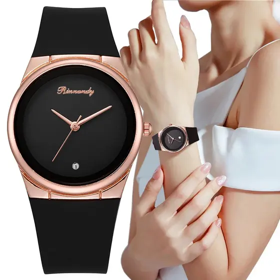 Relógio Feminino de Quartzo Design Minimalista Rose Gold com Pulseira de Silicone Preta e Visor de Data