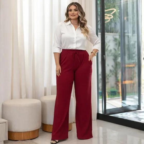 Calça Pantalona Feminina Plus Size Canelada Com Elastico na Cintura