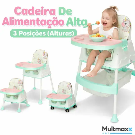 Cadeira de Alimentação Infantil 3 Alturas Cadeirinha Bebê Portátil Rosa Menina Rodinhas Multmaxx