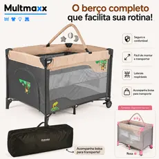 Berço Portátil Infantil 2 Alturas Demontavel Cercadinho Com Rodinhas e Mobile Cercado Bercinho