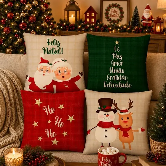 Feliz Natal: Kit com 04 Capas para Almofada Mamãe e Papai Noel Ho Ho 45X45