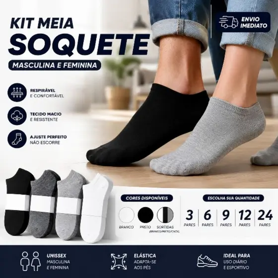Kit Até 24 Pares De Meias Soquete Algodão Unissex Menor Preço
