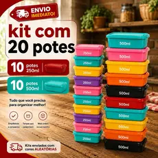 Kit 20 Potes Plásticos com Tampa | 10 Potes 250ml + 10 Potes 500ml | Armazenar alimentos