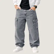 Calça Jeans Cargo Masculina Baggy Grafite 100% Algodão Cintura Elástica com Cordão Masculino Streetwear Boca Larga