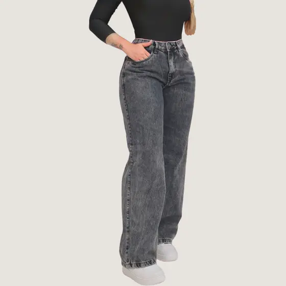 Calça Jeans Feminina Wide Leg Pantalona Cinza Grafite 100% Jeans Não Estica do 34 ao 44
