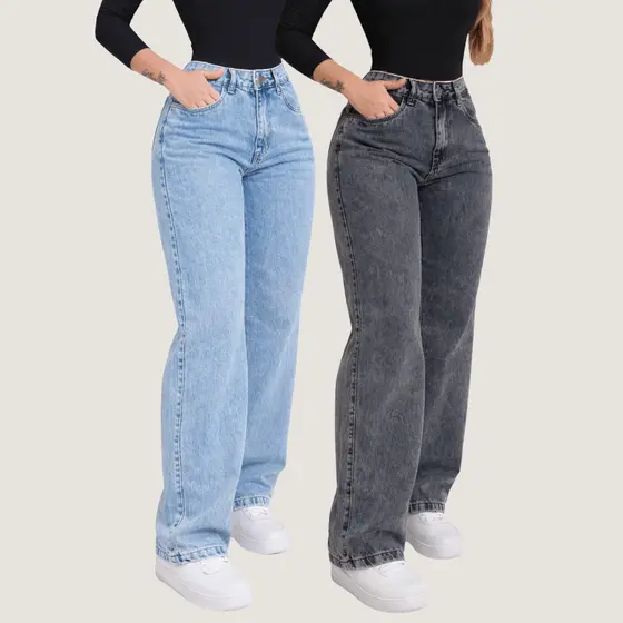 Kit Calça  Wide leg Jeans Grafite Feminina  Pantalona