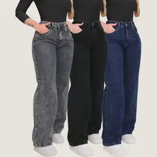 Kit 3 Calça Jeans Wide Leg  Pantalona Cintura Alta Jeans