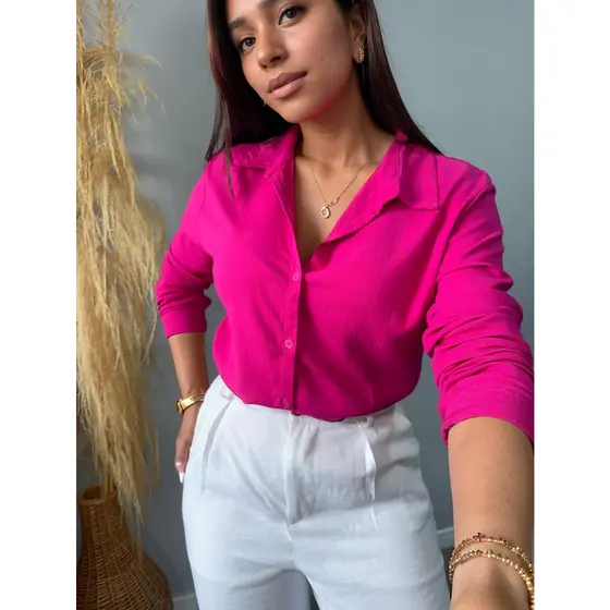Camisa Viscolinho Com Elastano Feminina Social Basica Camisete Elegante MAnga Longa