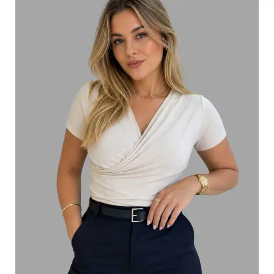 Blusinha Transpassada Feminina Manga Curta Blusinha Elegante Casual Dia a Dia Trabalho