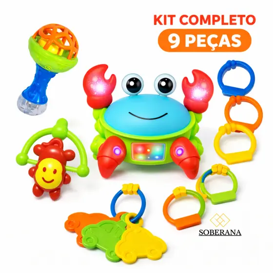 Kit Caranguejo Fujão + Kit Mordedor Silicone Infantil Seguro Musical Luz Led Chocalho Interativo
