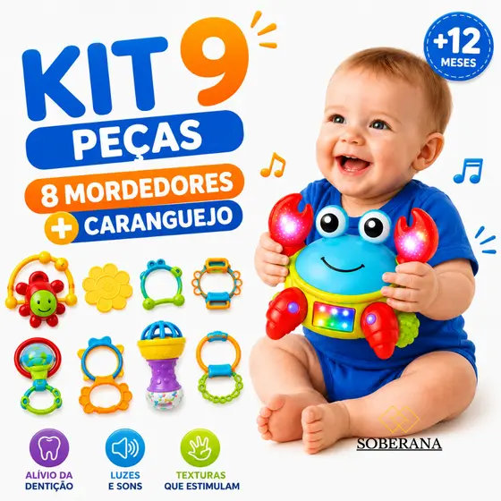 Kit Mordedor Silicone + Caranguejo Fujão Musical Infantil Luz Led Chocalho Menino Menina