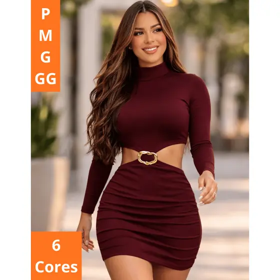 Vestido Curto com Recorte Lateral com Fivela Dourada Manga Longa Justo Gringa Blogueira P ao G1