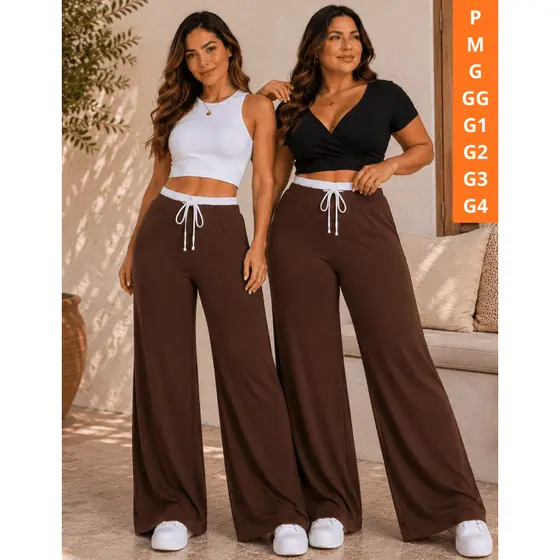 Calça Feminina Modelo Virginia Cós Alto Pantanona Tecido Ribana Confortável Casual P ao G4
