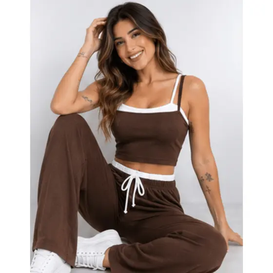 Conjunto Feminino Ribana Premium Pantalona Wide Leg Cropped Tendência P ao G1