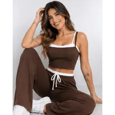 Conjunto Feminino Ribana Premium Pantalona Wide Leg Cropped Tendência P ao G1