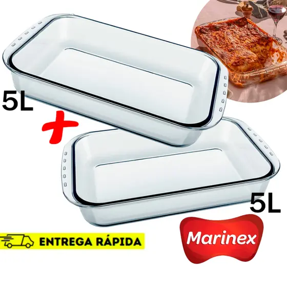 Jogo de Assadeiras de Vidro Lasanheira Marinex 5L Travessa Funda Grande Retangular Jantar Elegante