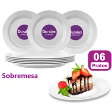 Jogo Kit 06 Prato Sobremesa de Vidro Menu Duralex Opaline Branco Buffet Mesa Posta Restaurante Bar