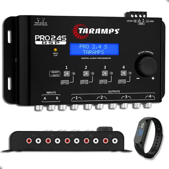 Processador de Áudio Taramps PRO 2.4s 4 Vias - Anti-Puff Crossover Bass Boost Profissional e Relógio