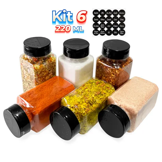 6 Potes Temperos Condimentos Sal Parrilha 220ml Tampa Dupla Reforçada com Etiquetas