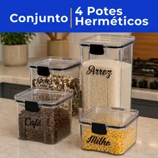 Kit 4 Potes Herméticos Empilhável com Trava para Alimentos e Mantimentos Organizador de Cozinha