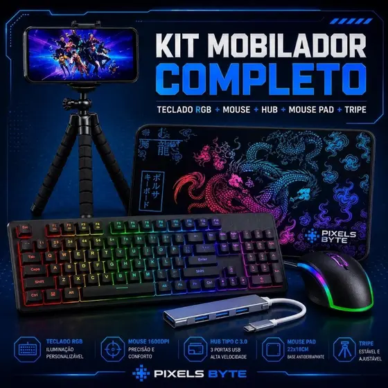Kit Mobilador Completo Teclado Mouse Gamer Rgb Mouse Pad Hub Tipo c Tripe